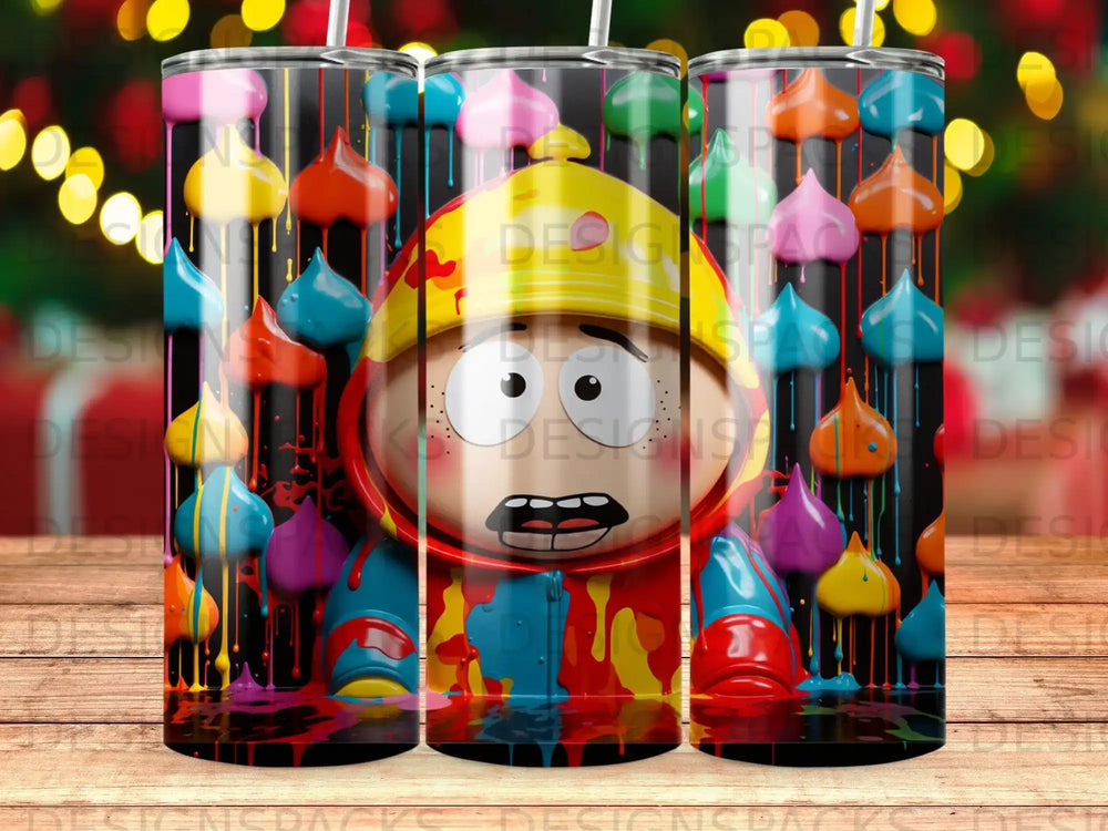 Cartman wearing a yellow and red raincoat, covered in colorful drips.