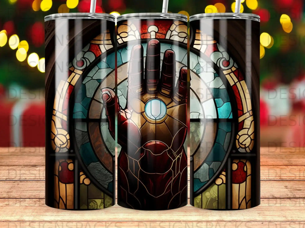 Iron Man's repulsor glove glowing against a stained glass window.
