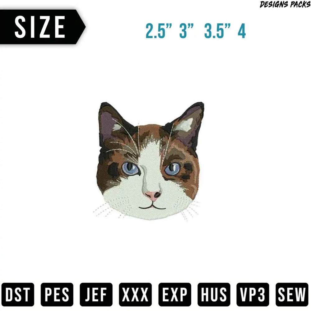 Embroidery design of a calico cat's face, with size options listed.