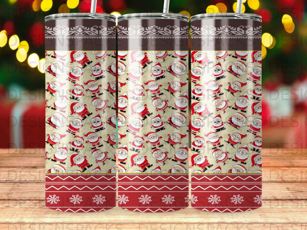 Seamless pattern of Santa Claus figures on a beige background with red snowflake trim.