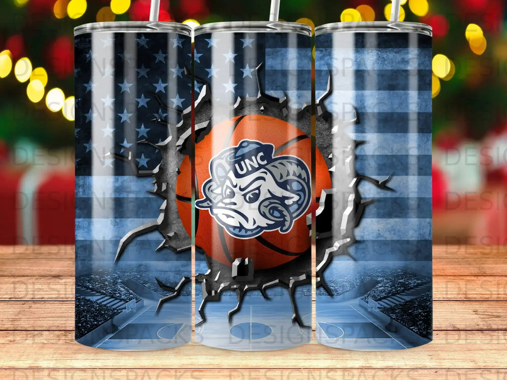 UNC Tar Heels basketball logo on distressed American flag background.