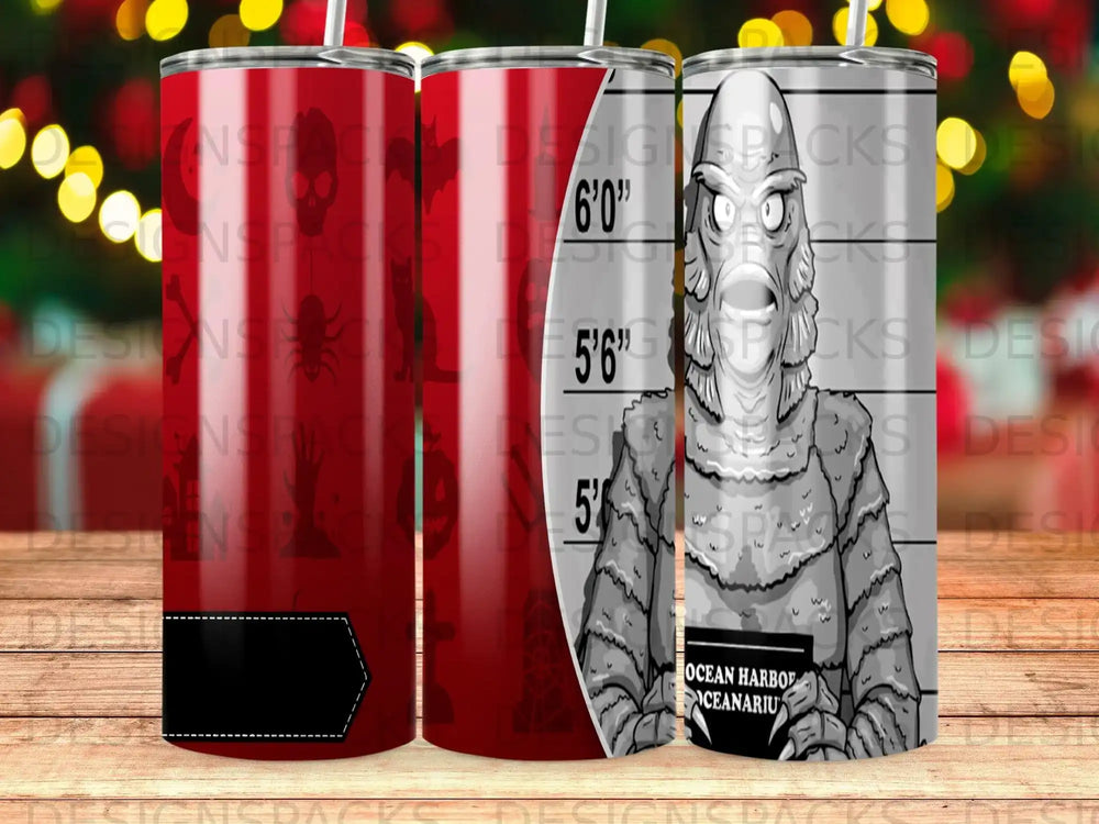 Black and white illustration of the Creature from the Black Lagoon on a tumbler.