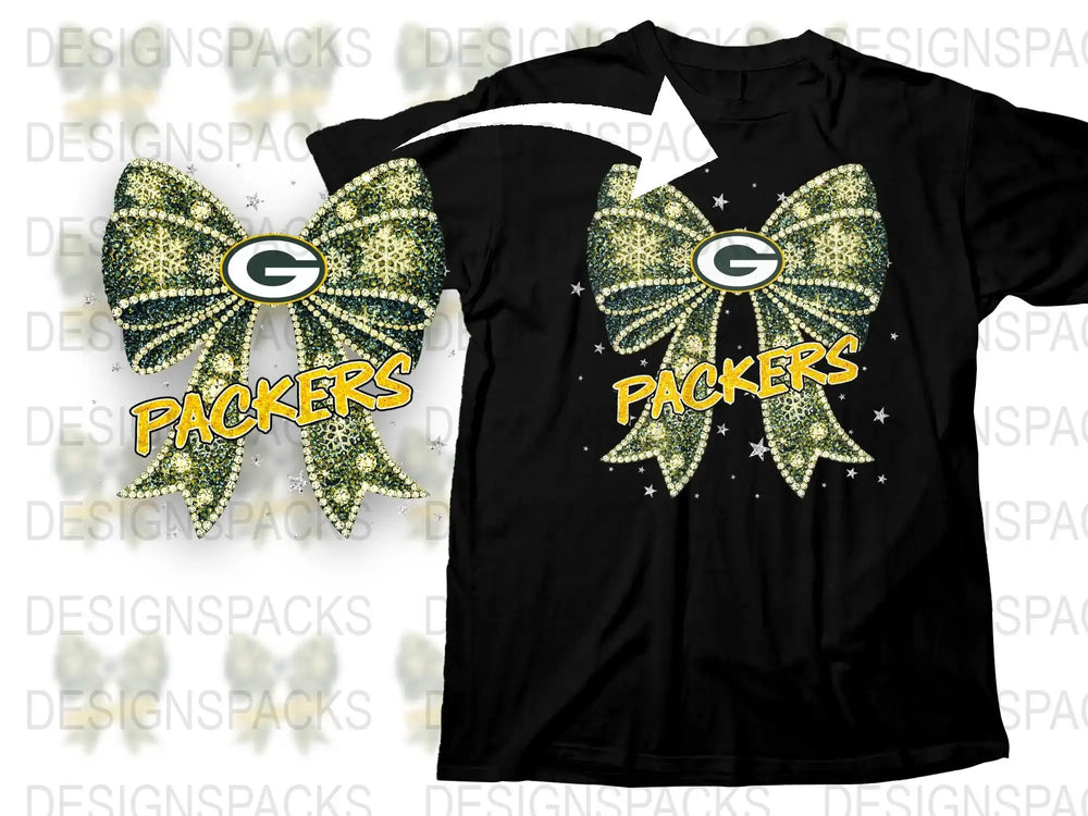 Green Bay Packers Inspired Rhinestone Bow T-Shirt, Sparkly Football Fan Apparel, Unisex Black Sports Tee