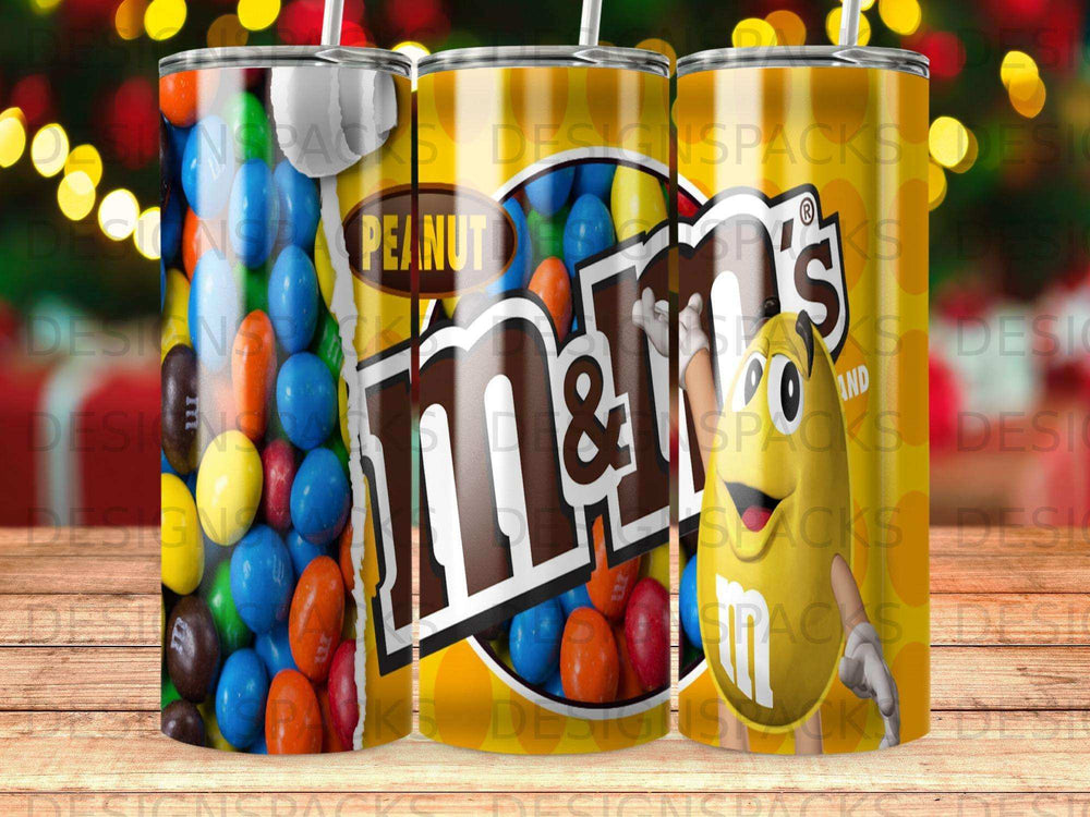 M&M's peanut candy wrapper design on a cylindrical tumbler.