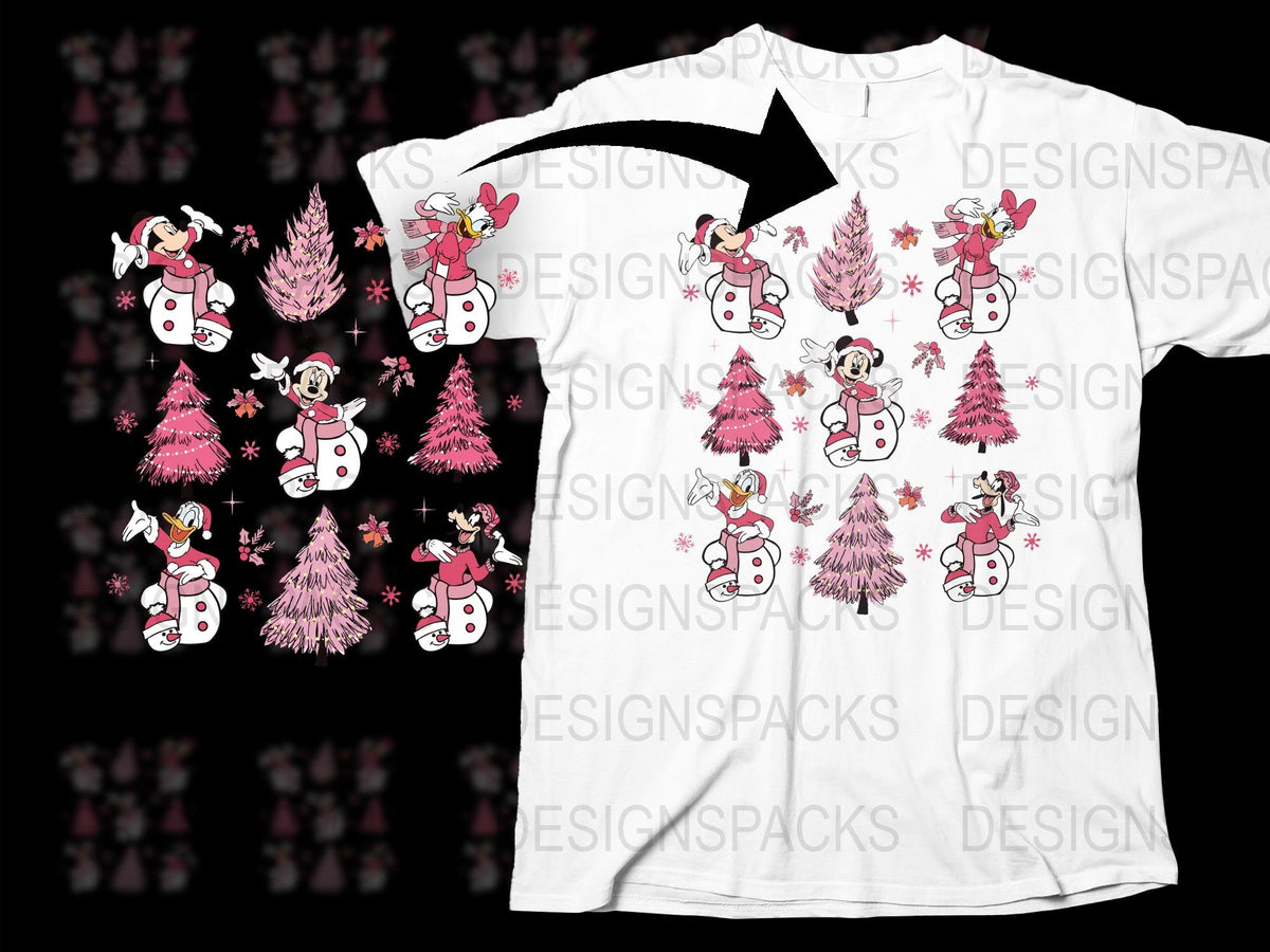 Festive Holiday T-Shirt with Cartoon Reindeer and Pink Trees, Christmas Casual Wear for All Ages