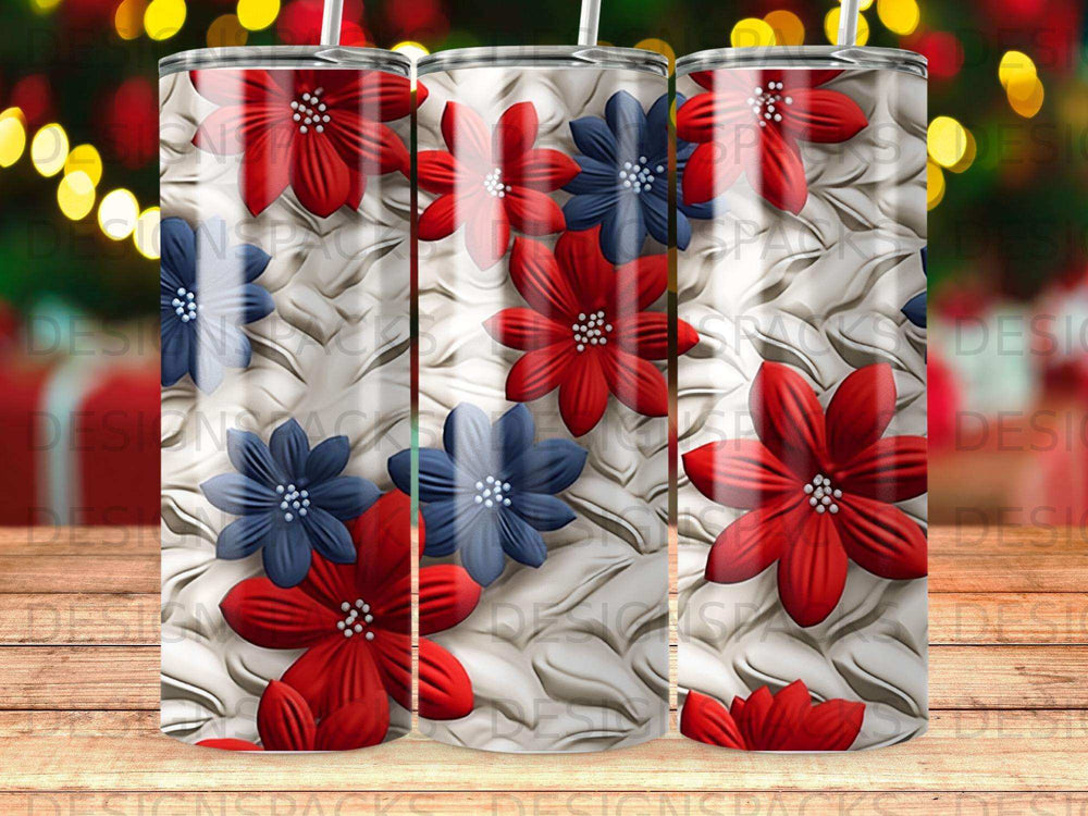 Red and blue flowers on a textured white background.