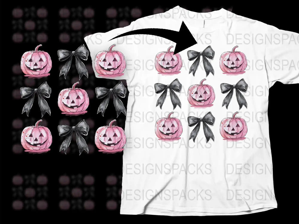 Halloween Pumpkin T-Shirt with Pink and Black Bows, Spooky Cute Autumn Fashion, Unique Fall Festival Tee for All Ages