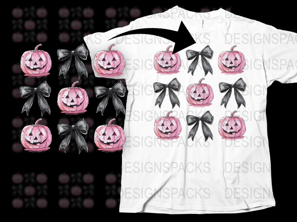 Halloween Pumpkin T-Shirt with Pink and Black Bows, Spooky Cute Autumn Fashion, Unique Fall Festival Tee for All Ages