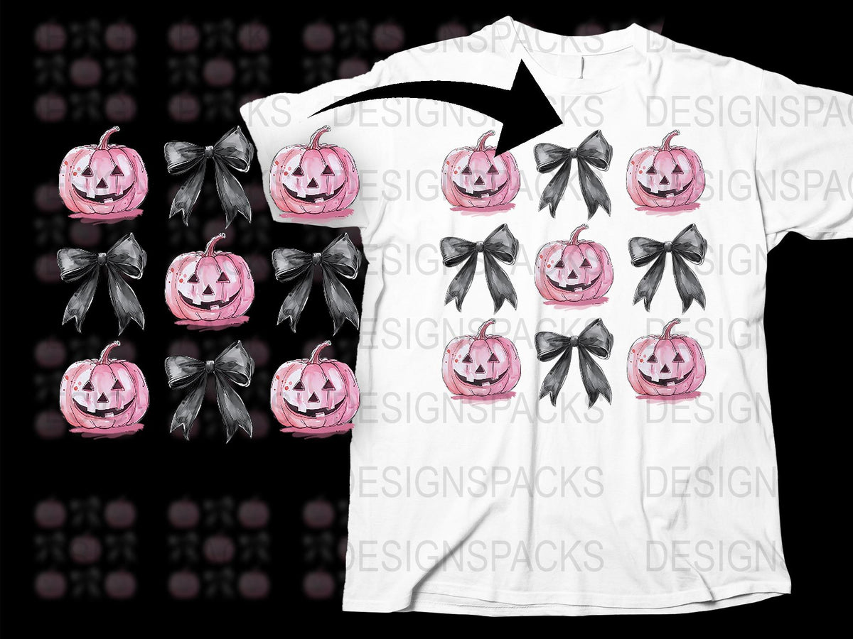 Halloween Pumpkin T-Shirt with Pink and Black Bows, Spooky Cute Autumn Fashion, Unique Fall Festival Tee for All Ages