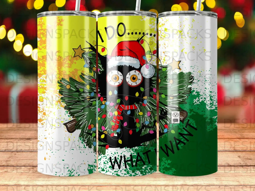 Black cat with Christmas lights and Santa hat on a decorated tree, text "WHAT WANT".