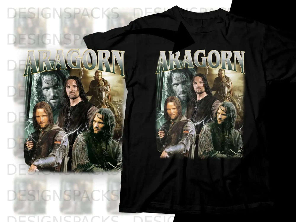 Black t-shirt featuring Aragorn collage with chainmail armor.