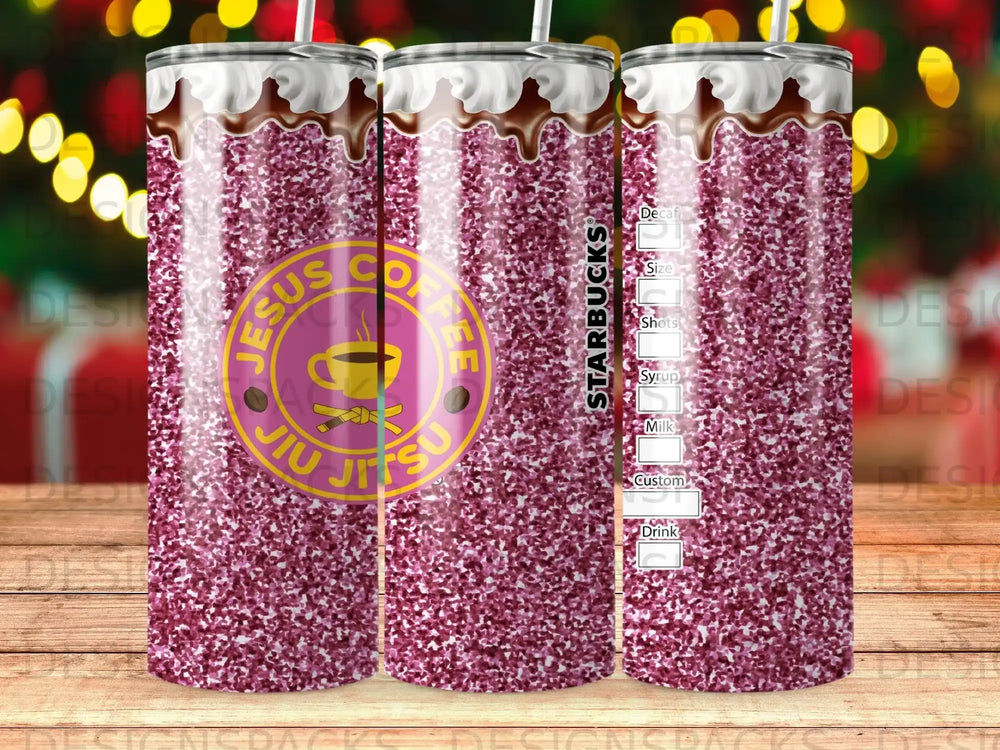 Glitter tumbler with Jesus Jiu Jitsu logo and Starbucks drink customization labels.