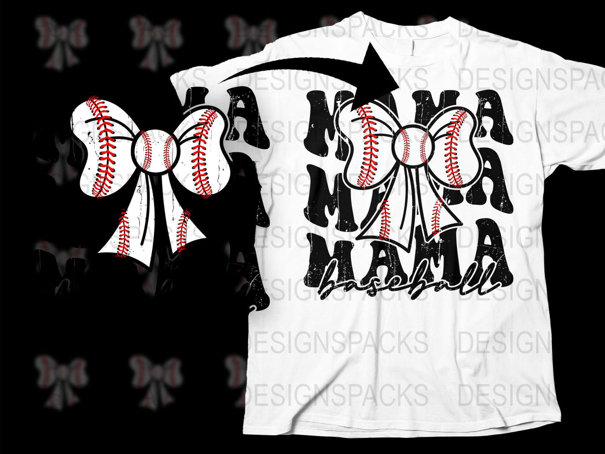 Baseball Mom T-Shirt and Bow Set, Sports Team Supportive Parent Apparel, Black and White Design
