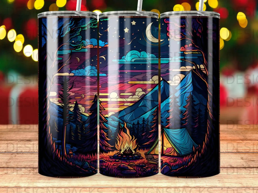 Tent and campfire in a colorful night forest scene under a starry sky.