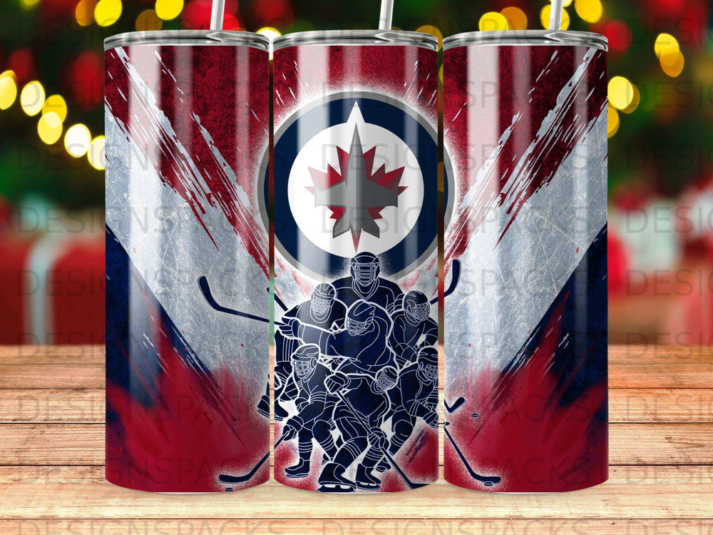 Winnipeg Jets hockey team logo and players on a red, white, and blue striped tumbler.
