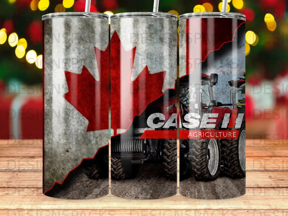 Red and white Canadian flag overlaying a Case IH tractor.