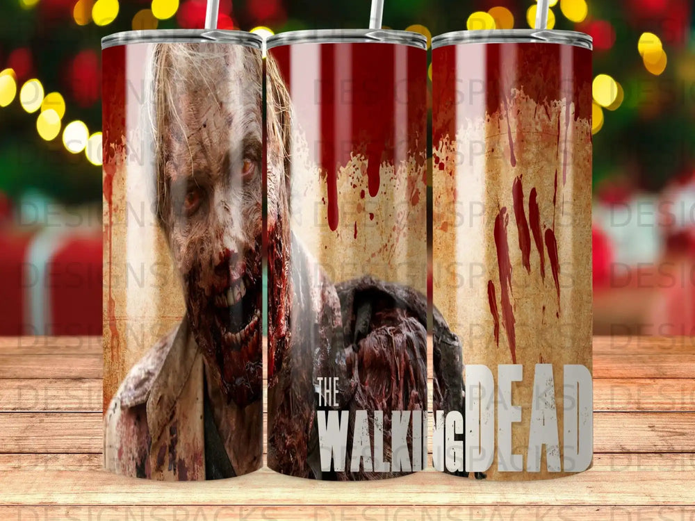 The Walking Dead zombie illustration on a cylindrical tumbler with blood splatter.