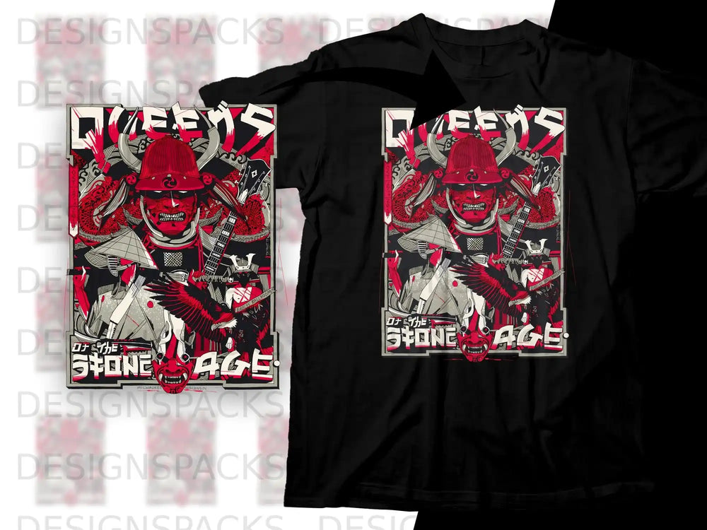 T-shirt graphic featuring a samurai, eagle, and Japanese text.