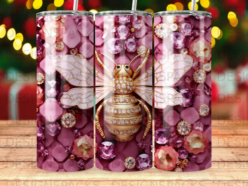 Pink and purple jewel-encrusted bee tumbler with gold accents.