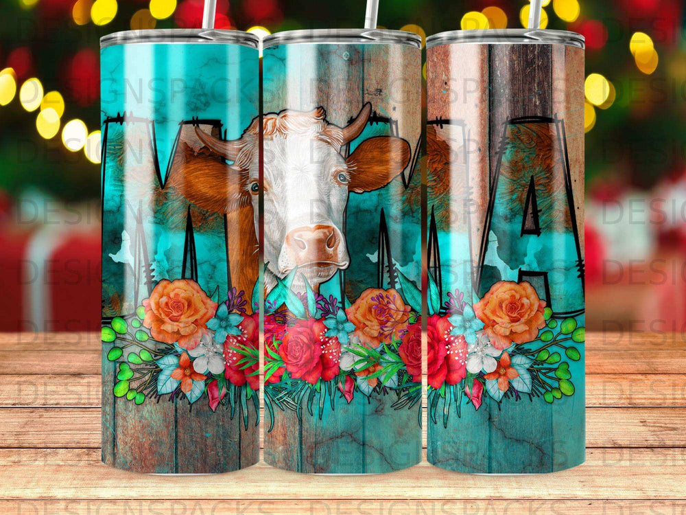 Cow and floral design on a wood-grain textured tumbler with "Mama" text.