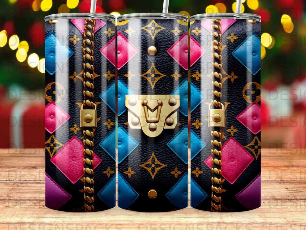 Designer pattern tumbler with diamond shapes and gold chain accents.