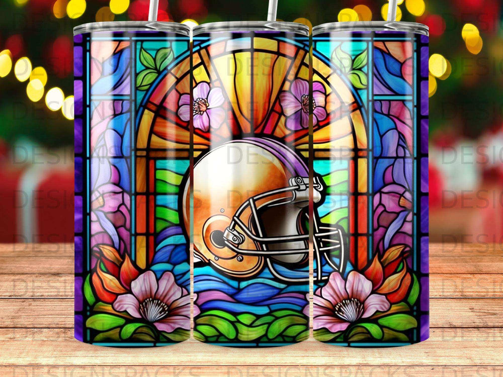 Stained glass helmet with floral accents and glowing lights.