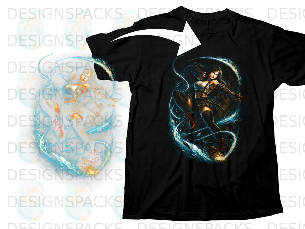Black t-shirt with a fantasy warrior woman in a dynamic pose surrounded by blue energy.