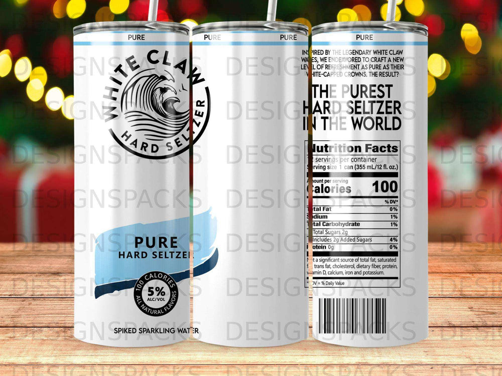 White Claw Hard Seltzer can with nutritional facts and "PURE" labeling.
