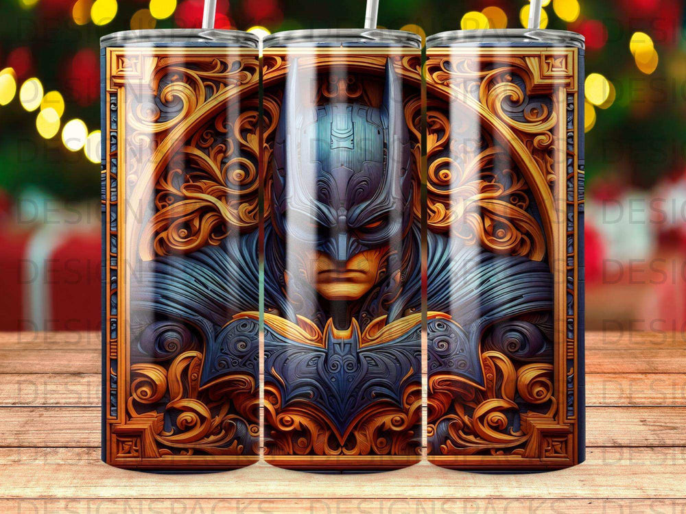 Batman's masked face with ornate gold detailing on a tumbler.