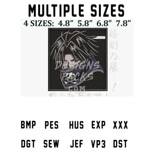 Anime character design for embroidery and DTF/DTG, available in multiple sizes and formats