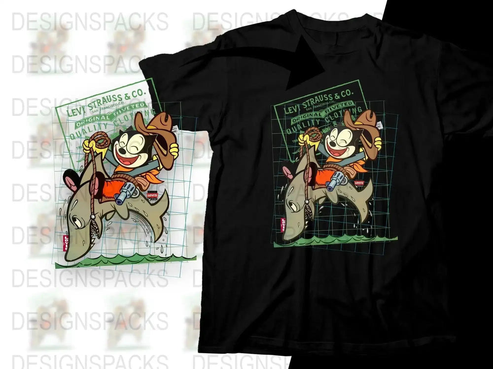 Felix the Cat Riding Shark Cool Cowboy Western Png Digital Download