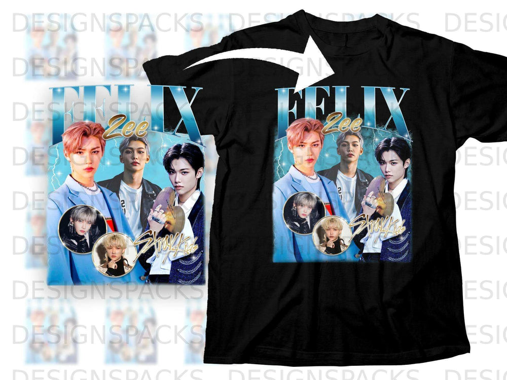 Black t-shirt featuring Felix from Stray Kids, surrounded by smaller photos and "Felix" text.