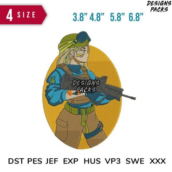 Embroidery design of soldier with rifle, available in multiple sizes and formats