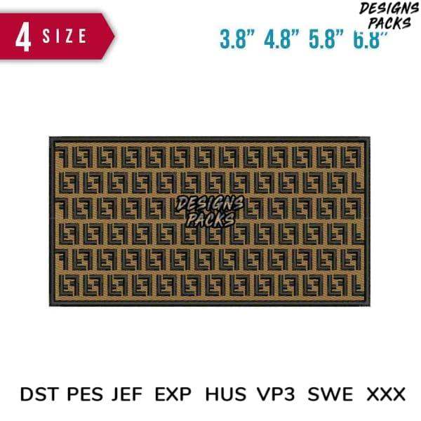 Embroidery design pack with patterned F logo, available in multiple sizes and formats