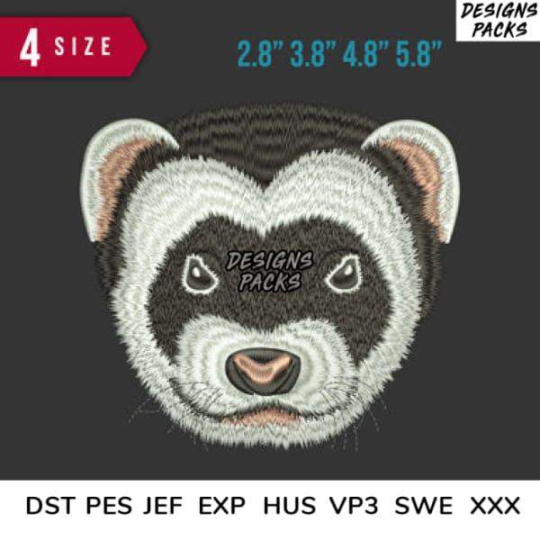Embroidery design of a cute badger face in 4 sizes, compatible with DST, PES, JEF, EXP, HUS, VP3, SWE, XXX formats.