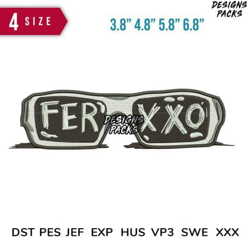 Embroidery design of sunglasses with 'FER' and 'XXO' text, available in 4 sizes and multiple file formats