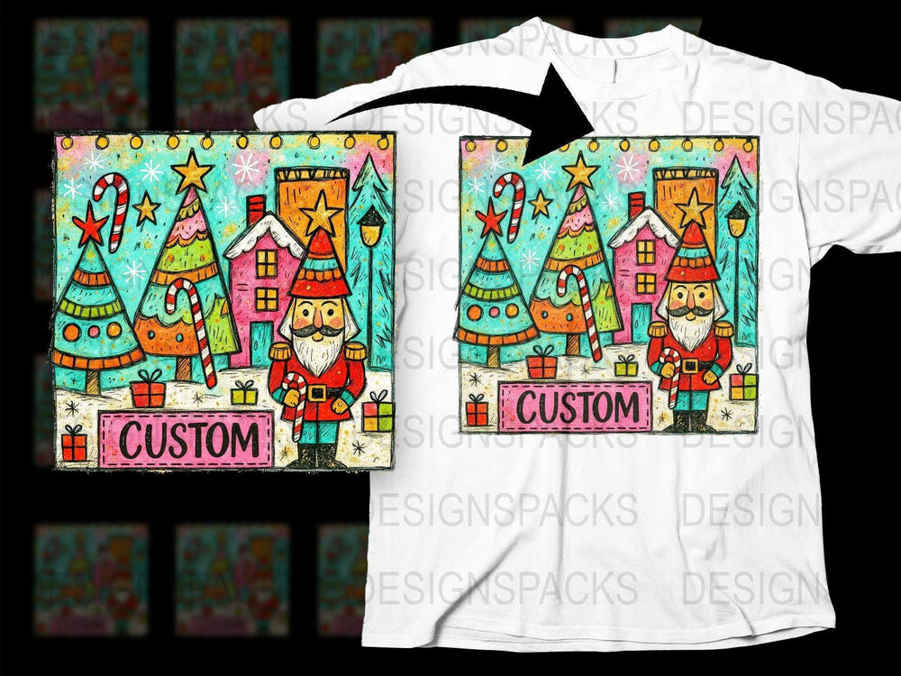 Whimsical Christmas Village T-Shirt, Colorful Santa and Trees Festive Holiday Tee, Unique Xmas Gift Idea