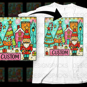 Whimsical Christmas Village T-Shirt, Colorful Santa and Trees Festive Holiday Tee, Unique Xmas Gift Idea