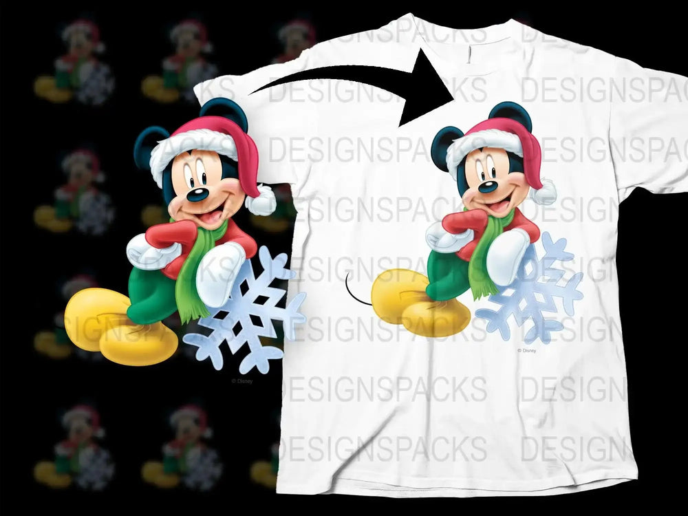 Festive Mickey Mouse in Santa Hat with Snowflake Png Digital Download