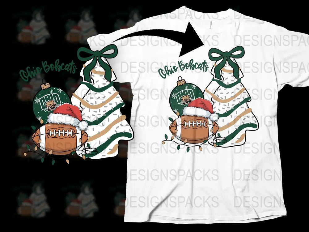 Ohio Bobcats Christmas T-Shirt, Festive Holiday Graphic Tee, Santa Hat Football Design, Casual Winter Apparel