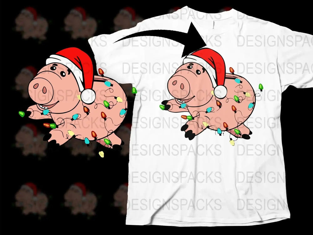 Funny Christmas Pig T-Shirt, Cartoon Pig with Lights Santa Hat Holiday Tee, Festive Animal Graphic Shirt for All Ages