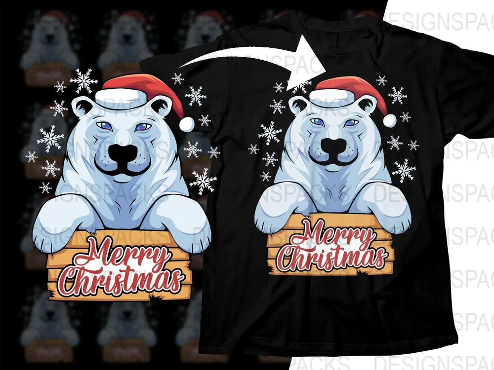 Festive Polar Bear in Santa Hat Merry Christmas Png Digital Download