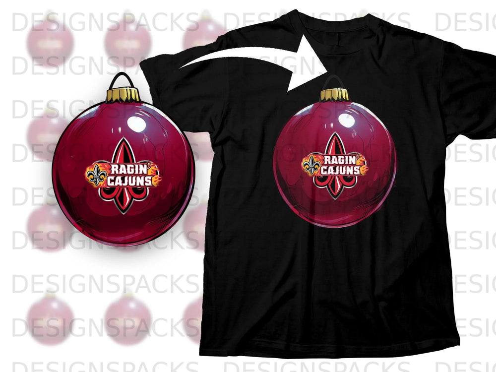 Black t-shirt featuring a red Christmas ornament with "Ragin Cajuns" text and logo.