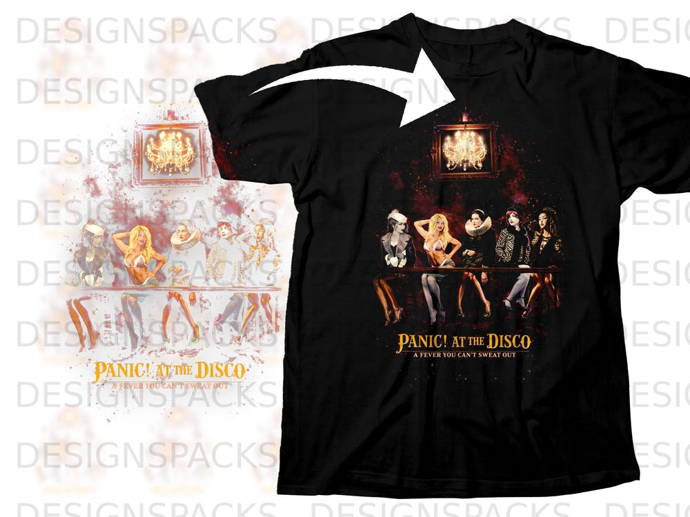 Black t-shirt featuring Panic! At The Disco artwork with band members and text.