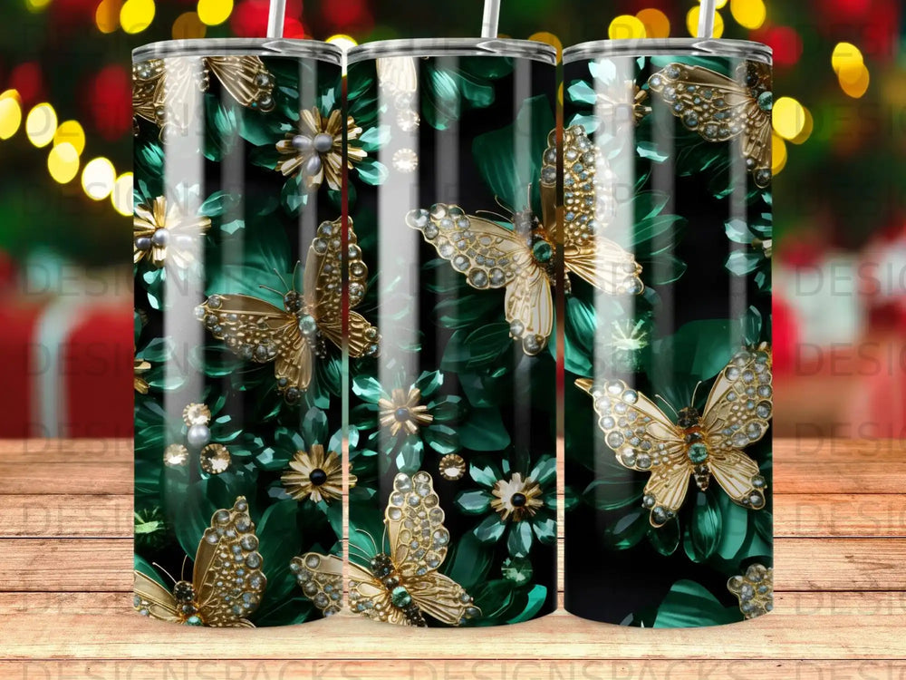 Gold butterflies and ornate green flowers on a dark background.