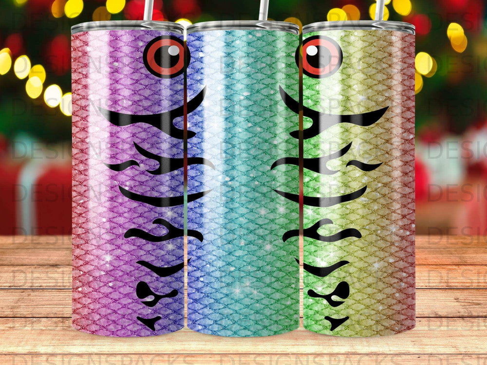 Three tumblers with fish scale patterns in purple, blue, and green.