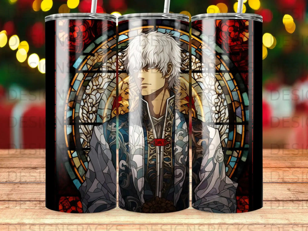 Anime character with white hair and ornate robe against a stained glass background.