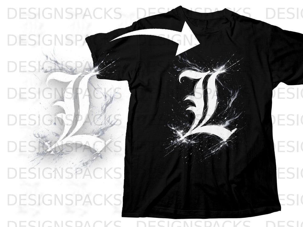 Black t-shirt with a white stylized letter "L" design with splatters.