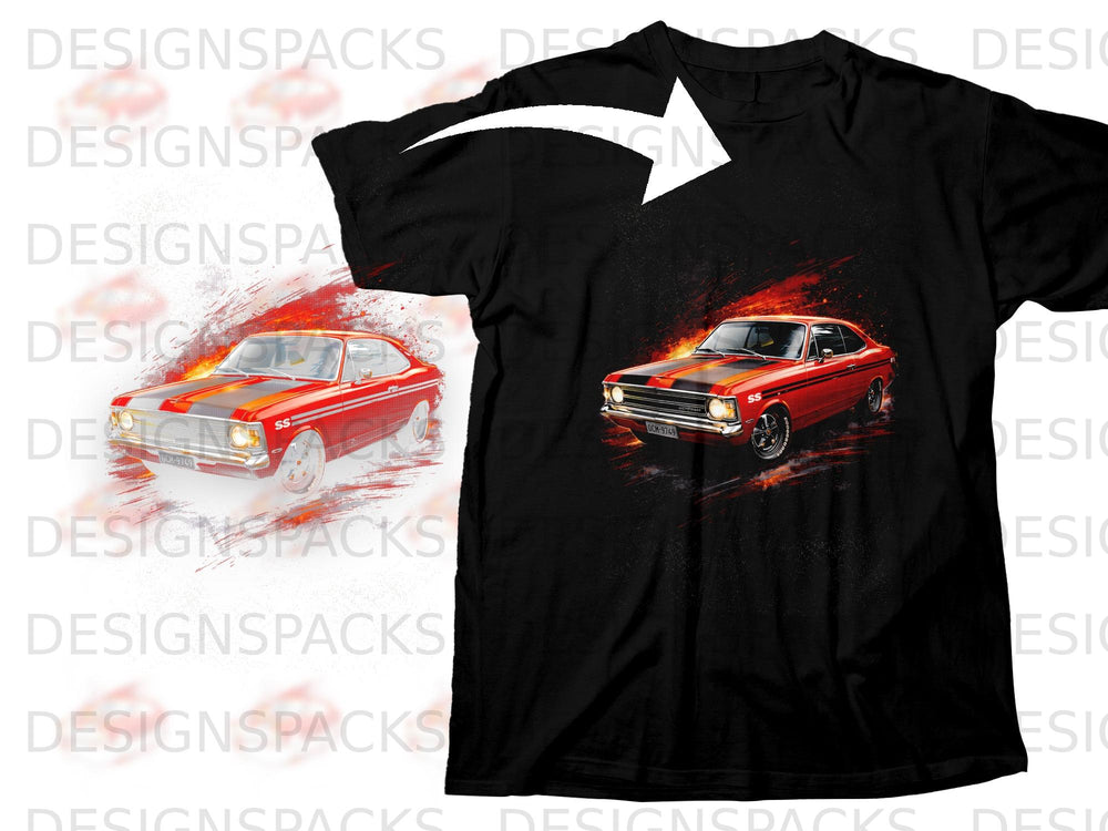 Black t-shirt with graphic of red muscle car with racing stripes and flames.