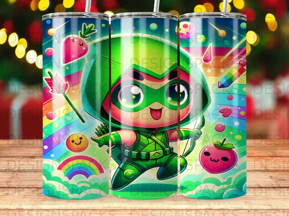 Green cartoon archer with bow and arrow, rainbows, and fruit.
